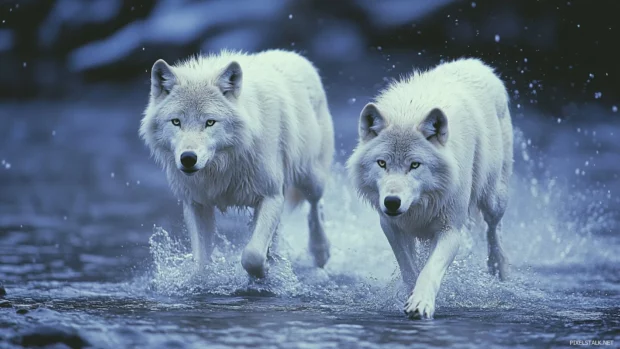 A pair of wolves lead the pack across shallow river water as snow falls lightly.