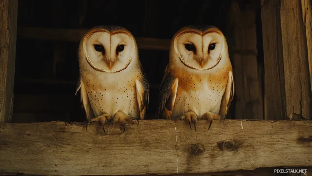 A pair owls roosting side by side in an abandoned barn, dim light leaking through wooden planks.