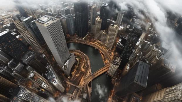 A panoramic shot of downtown Chicago, with the Chicago River winding through modern skyscrapers.