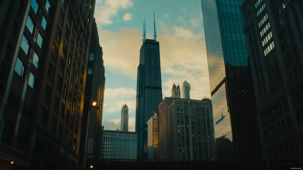A panoramic view of Chicago at sunset, featuring the iconic Willis Tower and key skyscraper.