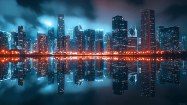 A panoramic view of Chicago at sunset, featuring the iconic Willis Tower and key skyscrapers.