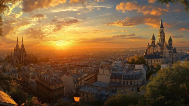 A panoramic view of Paris from Montmartre, capturing the city rooftops and landmarks.