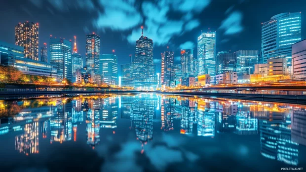 A panoramic view of Tokyo City with its futuristic architecture, including skyscrapers and neon signs, reflecting in a river under a clear night sky.
