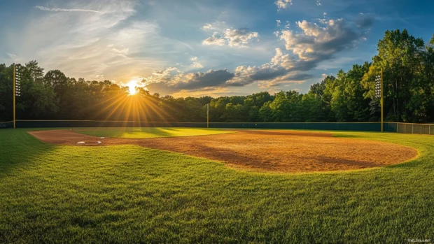 A panoramic view of a baseball field at sunset, golden hues casting long shadows over the diamond .