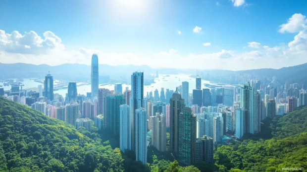 A panoramic view of a bustling city skyline under a clear blue sky, skyscrapers towering high.