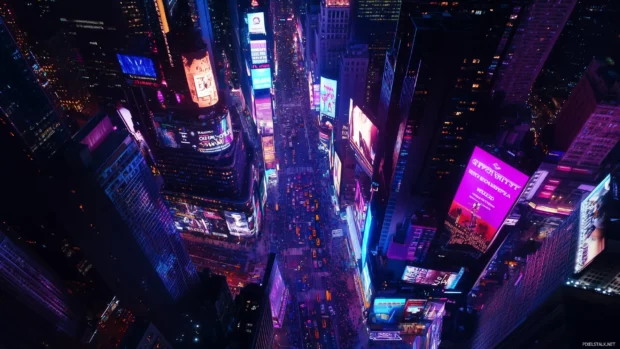 A panoramic view of a bustling city with colorful street lights and glowing billboards creating a dazzling night scene .