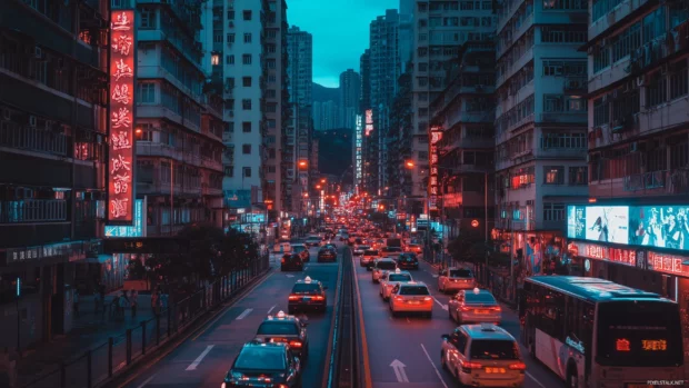 A panoramic view of a bustling city with colorful street lights and glowing billboards creating a dazzling night scene.