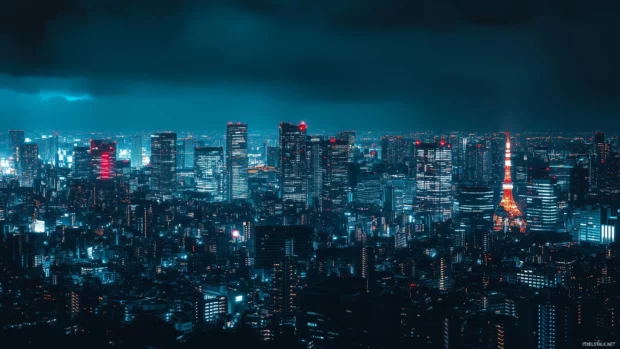 A panoramic view of a city at night from a high rise rooftop, capturing the expanse of lit building.