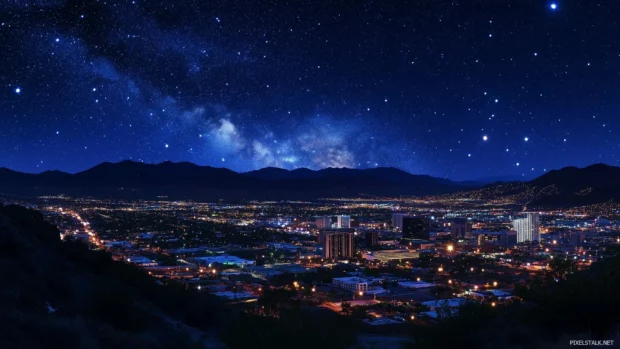 A panoramic view of a city skyline under a clear, starry night.