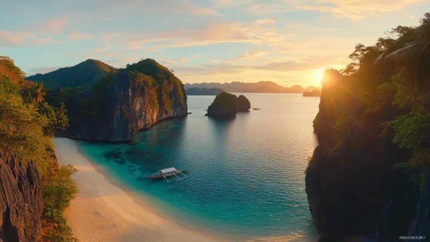 A panoramic view of a tropical beach at sunrise, with crystal clear water, white sand, and lush vegetation.