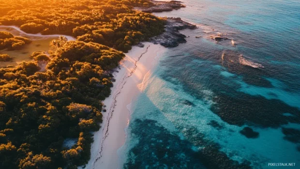 A panoramic view of a tropical beach at sunrise, with crystal clear water, white sand, and lush vegetation.
