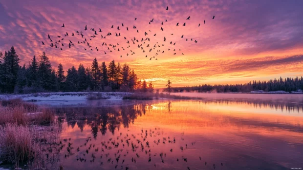 A panoramic view of birds crossing over lakeside forests during a colorful sunrise.