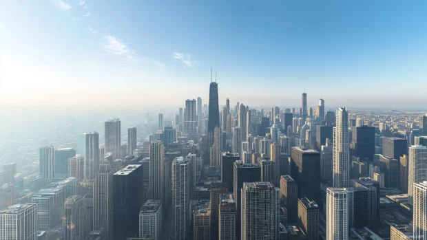 A panoramic view of the Chicago skyline on a clear day, with the Hancock Center and other prominent buildings.