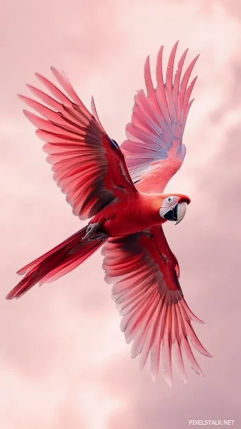 A parrot bird wallpaper, captured mid flight in a pink sunrise.