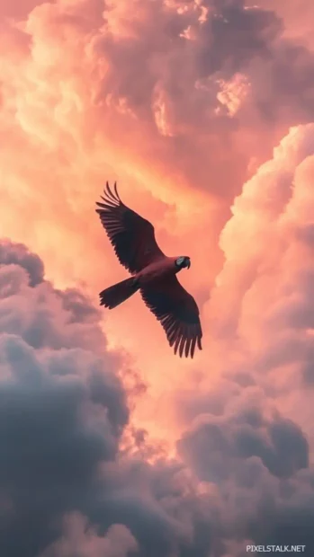 A parrot flying through pink clouds at sunrise, viewed from below.