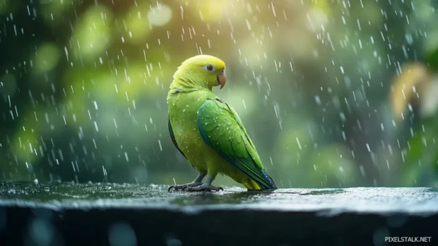 A parrot perched on wet stone, rain making its feathers shine.