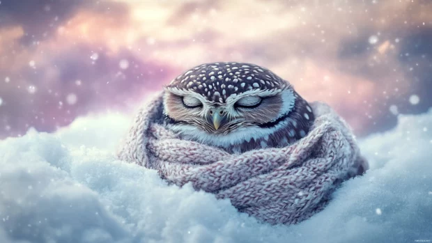 A pastel colored sky surrounds a sleepy owl with a scarf.