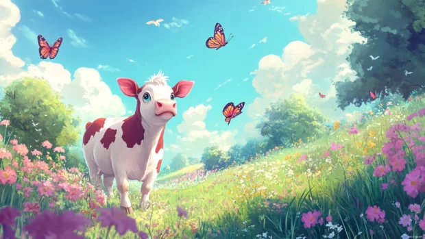 A pastel garden where Cute Cow is chasing butterflies.