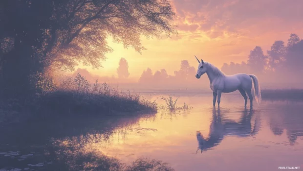 A pastel landscape reflects the unicorn in a quiet river.