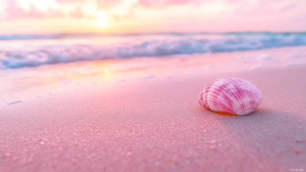 A pastel pink beach scene with seashell, soft sand, and ocean view.