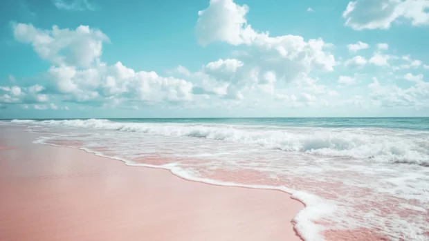 A pastel pink beach with soft waves, fluffy clouds, and a dreamy atmosphere.