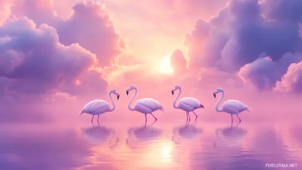 A pastel sunset scene with flamingos wading through calm pink water.