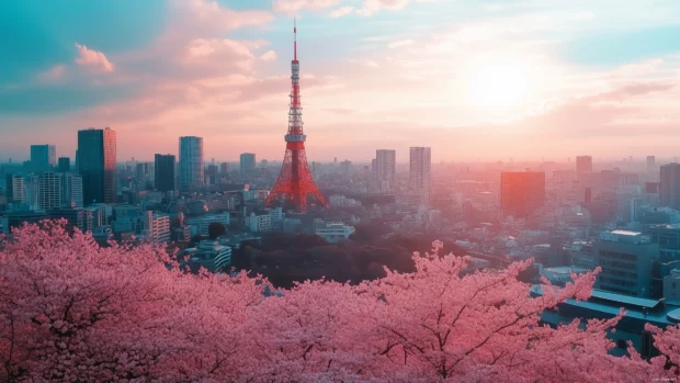 A peaceful Tokyo scene during cherry blossom season, with Tokyo Tower and lush pink cherry trees in bloom.