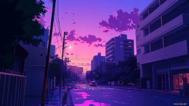 A peaceful anime inspired cityscape at dusk, highlighting subtle gradients and basic buildings.
