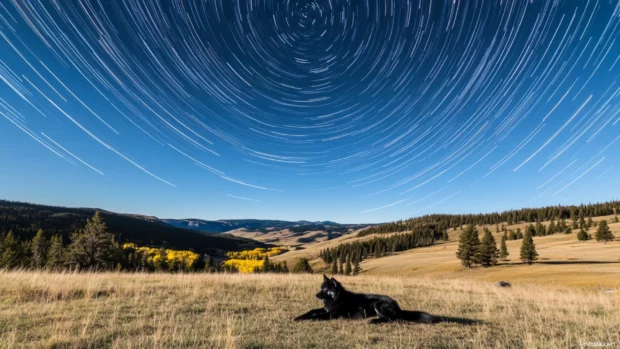 A peaceful black wolf lies under the vast sky as a trail of stars crosses the scene.