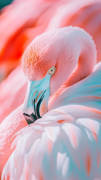 A peaceful flamingo portrait, resting with gentle light in the background.