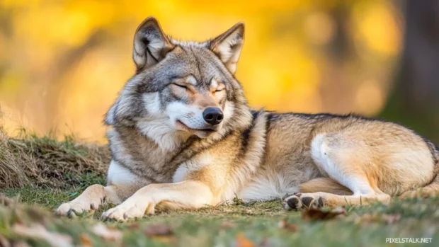 A peaceful forest clearing with a relaxed wolf basking in morning sun.