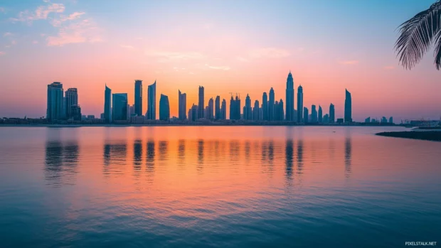 A peaceful futuristic city with sleek architecture, minimalism, and advanced tech, beneath a gradient sunset sky.