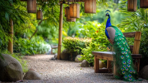 A peaceful garden scene with a peacock perched on a bamboo bench beneath hanging lanterns.