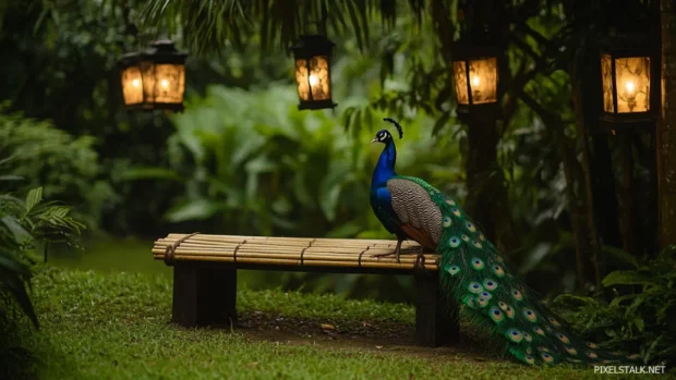 A peaceful garden scene with a peacock perched on a bamboo bench beneath hanging lanterns.