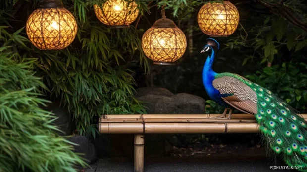A peaceful garden scene with a peacock perched on a bamboo bench beneath hanging lanterns.