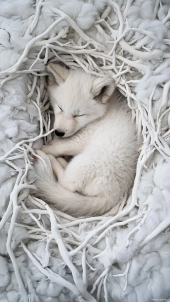 A peaceful iPhone scene of a wolf cub sleeping in a den covered in white branches.