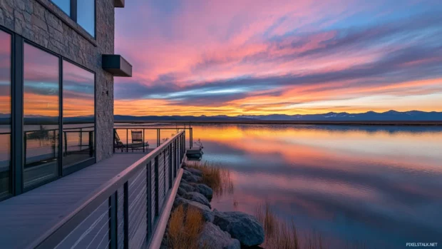 A peaceful lake captures the colors of the sunrise sky.