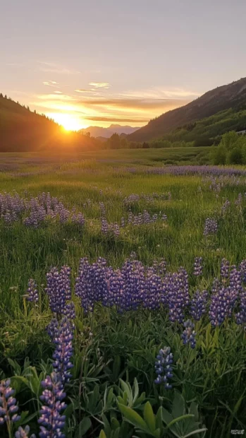 A peaceful meadow with wildflowers during sunrise.