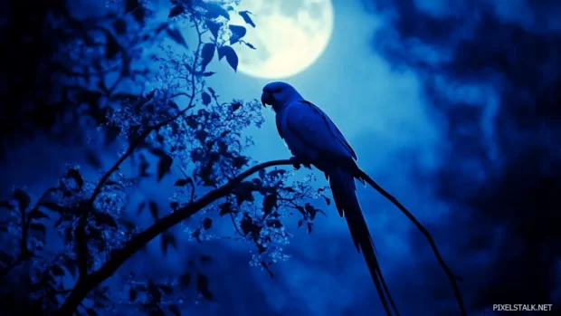 A peaceful moment with a blue parrot resting under moonlight.