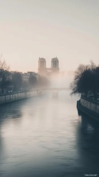 A peaceful morning by the Seine, with Parisian buildings silhouetted in the background.