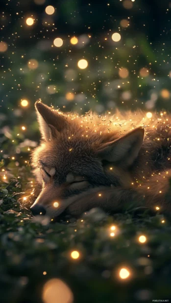 A peaceful night scene with a resting wolf surrounded by fireflies and stars.