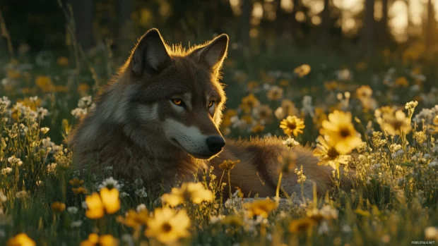 A peaceful red wolf resting in a flower meadow lit by morning sun.