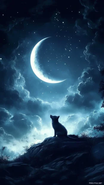 A peaceful scene where a wolf cub howls softly at the vertical crescent moon.