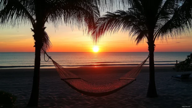 A peaceful sunset beach with a hammock strung between two palm trees.