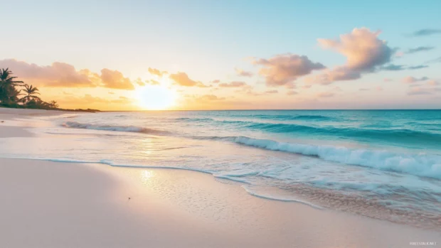 A peaceful sunset beach with calm waves and golden sand, as the sunset.