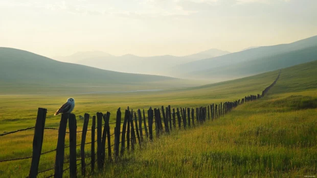 A peaceful tundra view with the owl watching the horizon from a weathered fencepost.