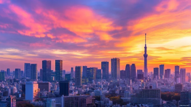 A peaceful twilight view of Tokyo skyline, with a soft sunset backdrop and a mix of traditional and modern structures.