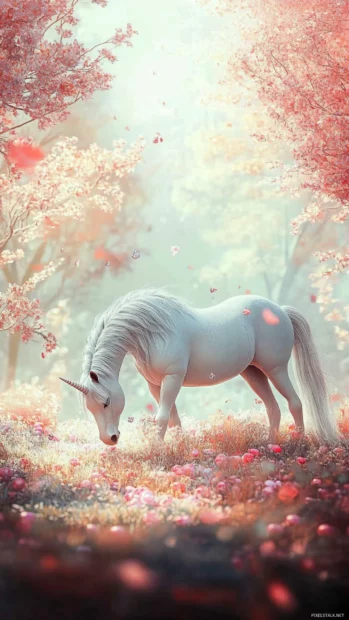 A peaceful unicorn grazing beneath jellybean trees in this soft unicorn iPhone wallpaper.