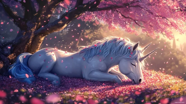 A peaceful unicorn naps under a blooming tree with rainbow petals falling gently.