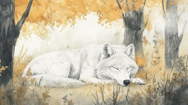 A peaceful white wolf curled under watercolor trees with loose, foggy background blending.